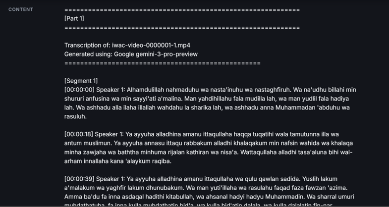 A timestamped, speaker-labelled transcript of a Hausa and Arabic sermon, generated with Google gemini-3-pro
