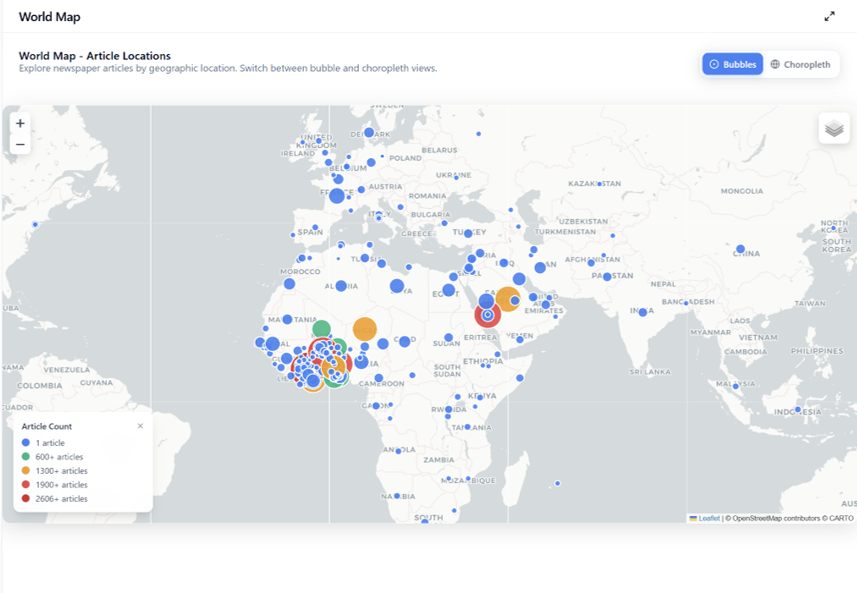 A world map from the IWAC dashboard with article counts plotted by location, concentrated in West Africa