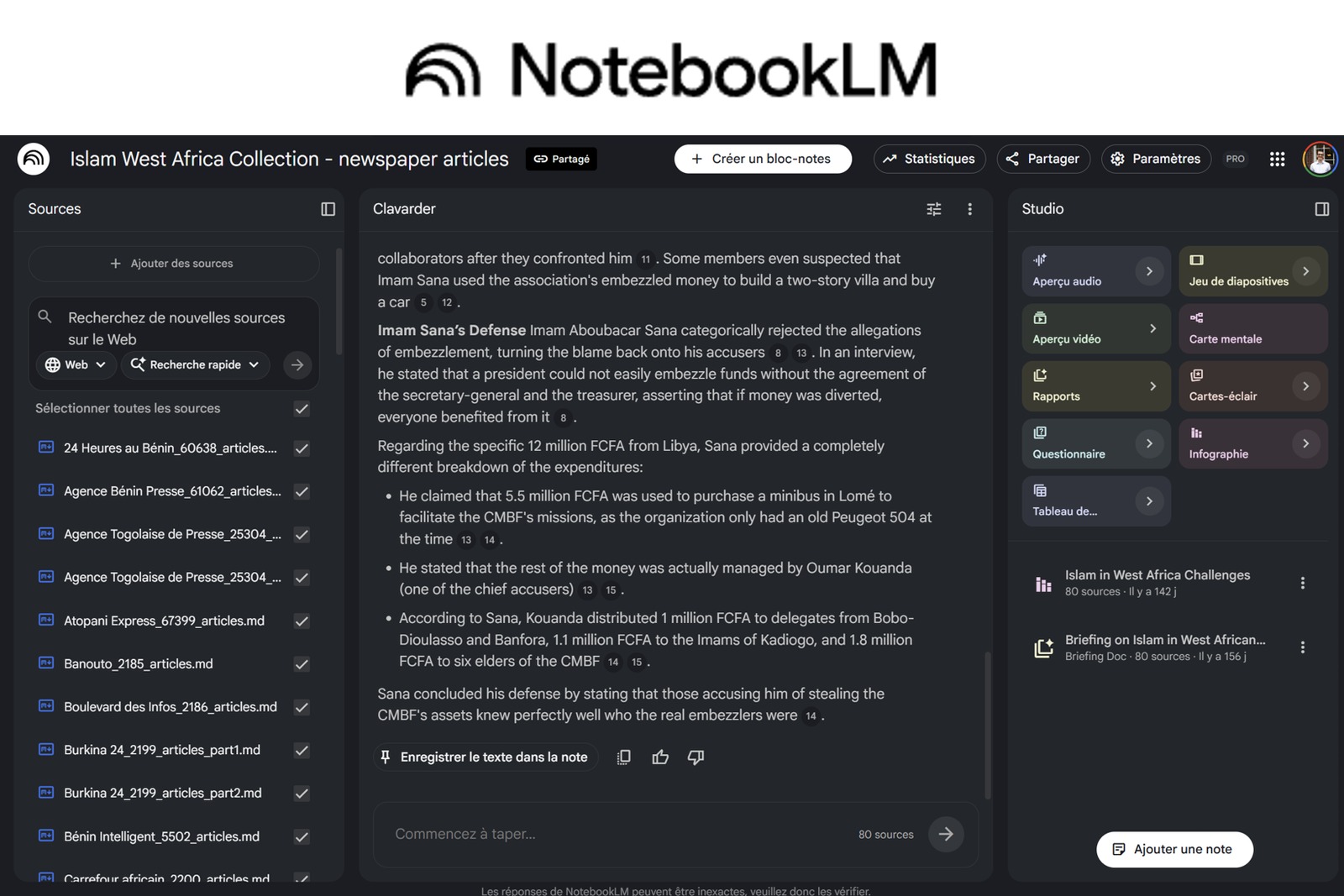 The NotebookLM interface loaded with IWAC newspaper articles: uploaded sources on the left, an answer with inline citations in the centre