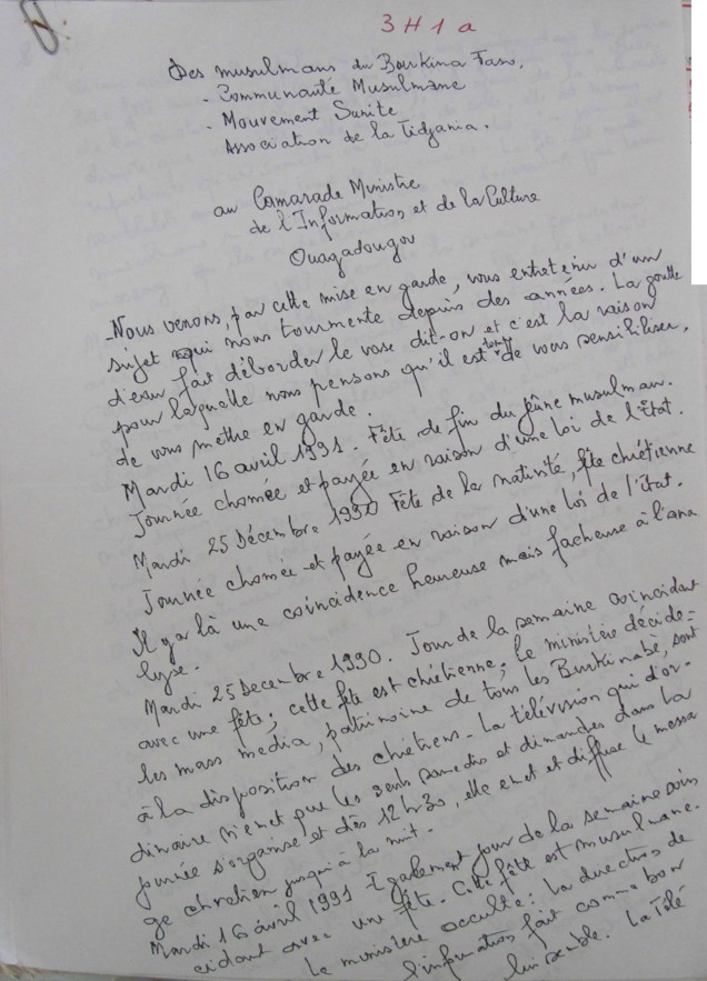 A handwritten 1991 letter in French from Muslim associations in Burkina Faso addressed to the Minister of Information and Culture