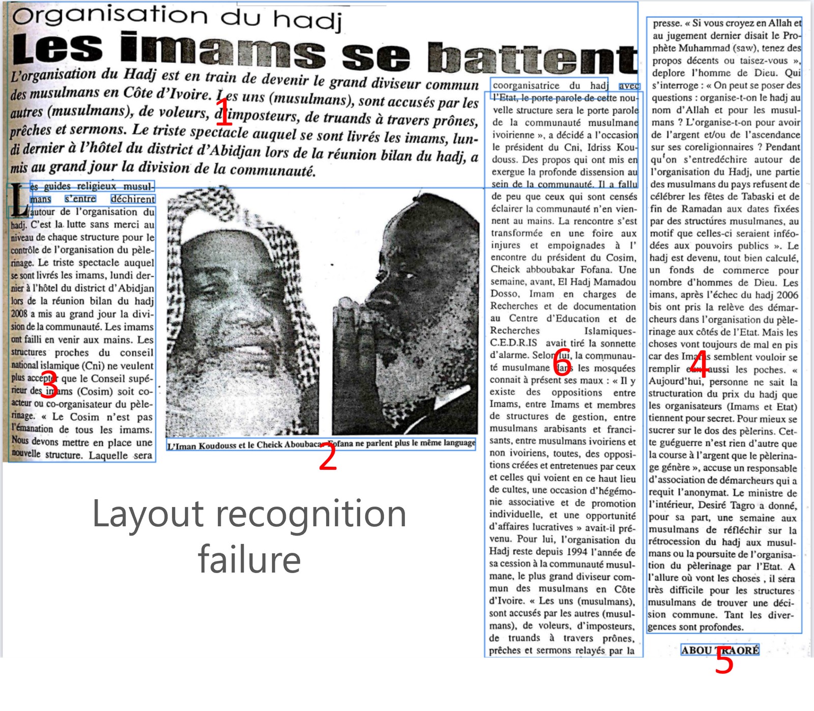 A multi-column Ivorian newspaper article, 'Les imams se battent', overlaid with red numbered markers showing the reading order that traditional OCR scrambles — labelled 'Layout recognition failure'