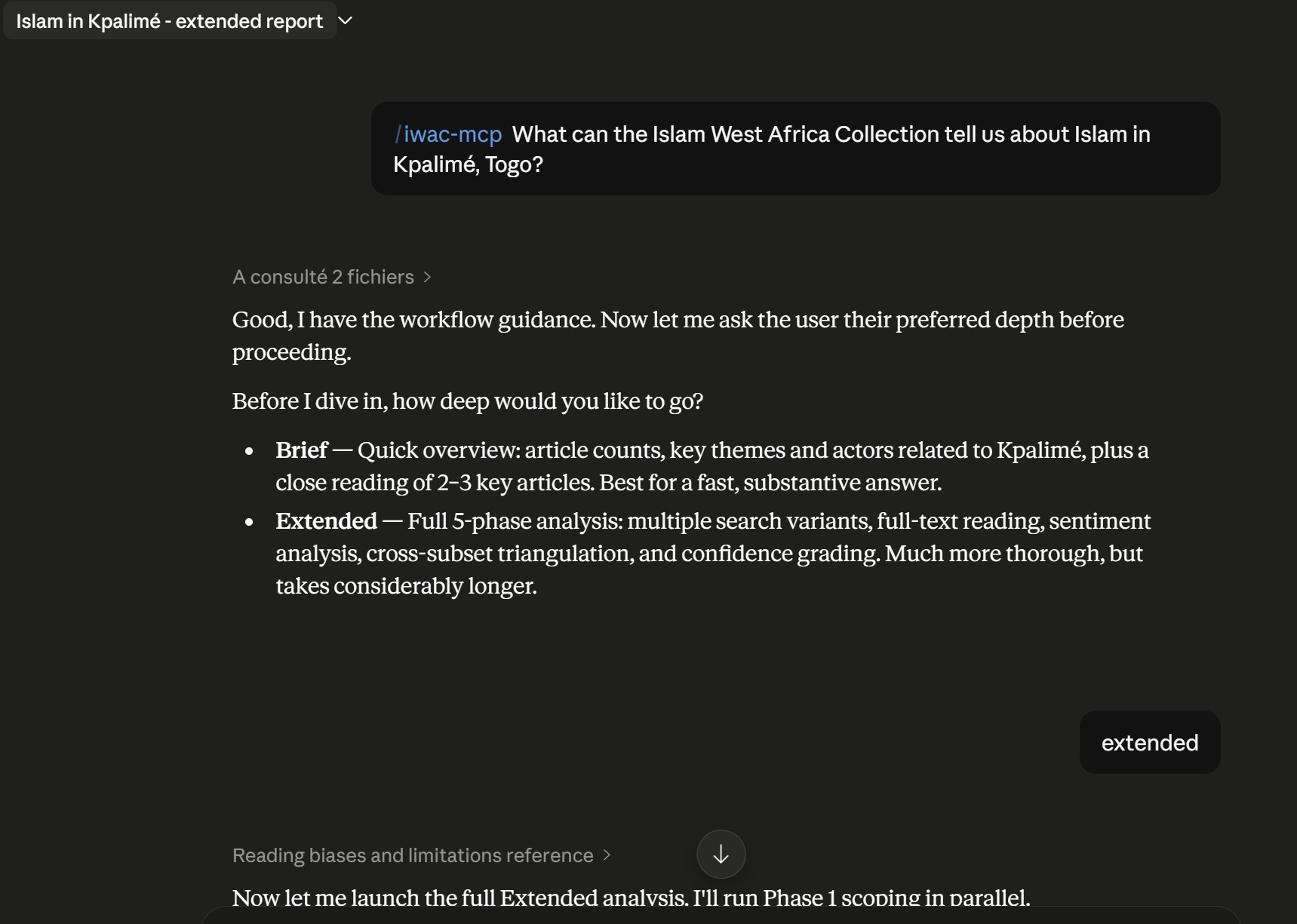 A Claude conversation: asked about Islam in Kpalimé, Togo, the user answers 'extended', and the iwac-mcp skill begins its five-phase analysis with Phase 1 scoping