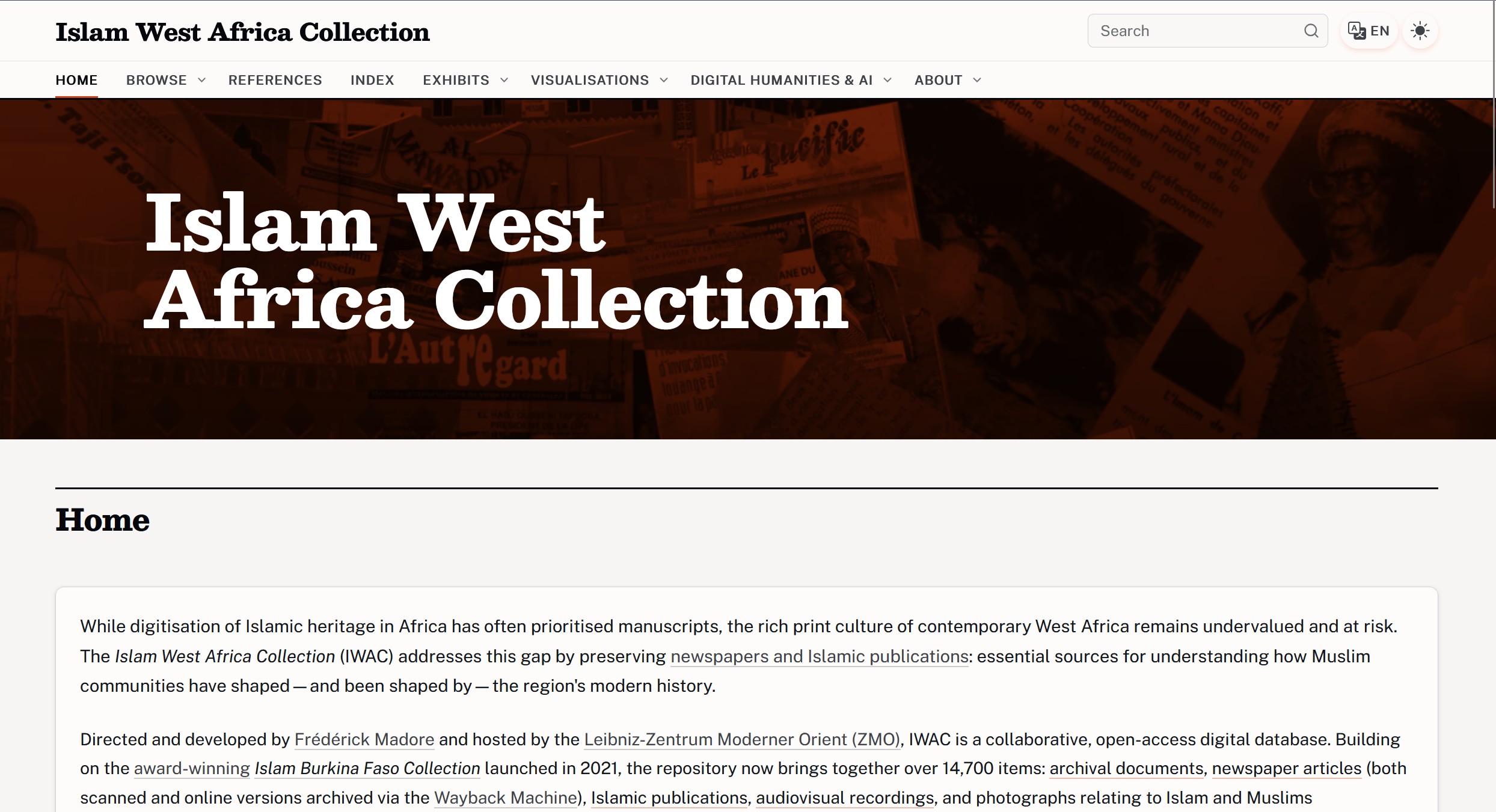 The Islam West Africa Collection homepage at islam.zmo.de — featured items, a search box, and browse-by-country links