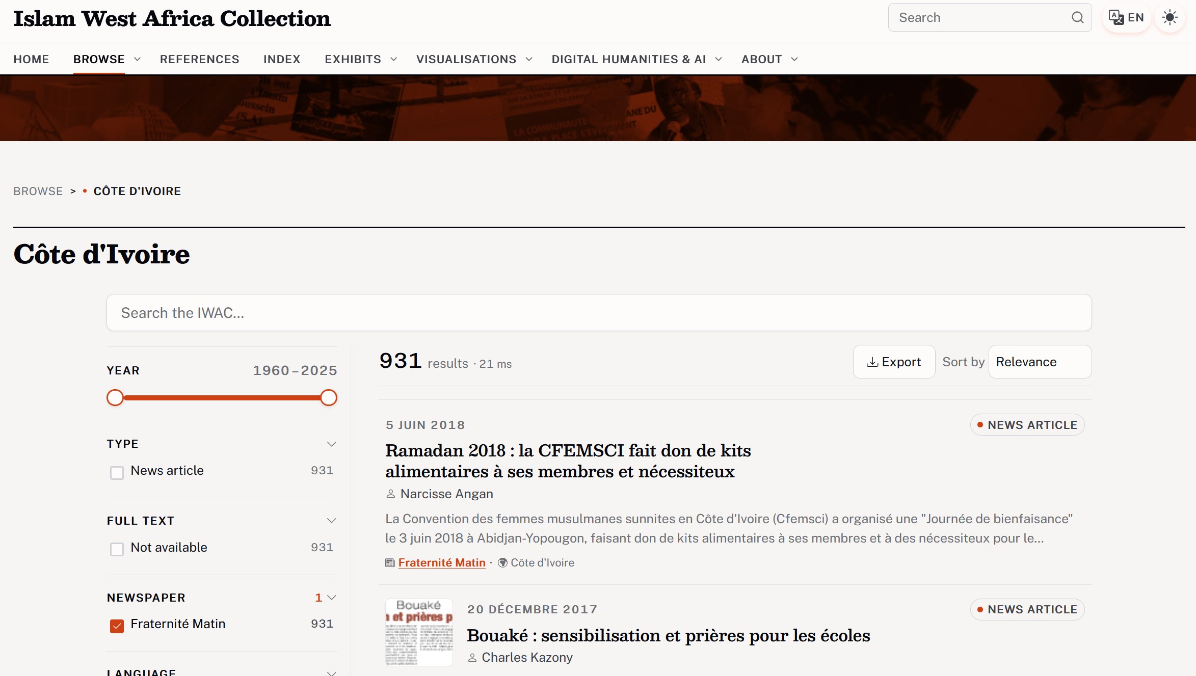 The IWAC faceted search interface — year slider, type, newspaper and language filters