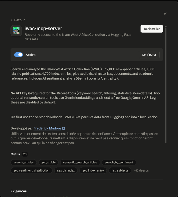 The IWAC MCP server installed as an extension in Claude Desktop — read-only, ~22 tools, no API key for the core tools