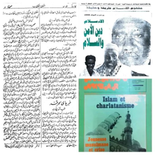 A montage of sample documents from both collections: handwritten manuscripts, an Arabic-script newspaper, and printed francophone Islamic pamphlets, in several languages and scripts.