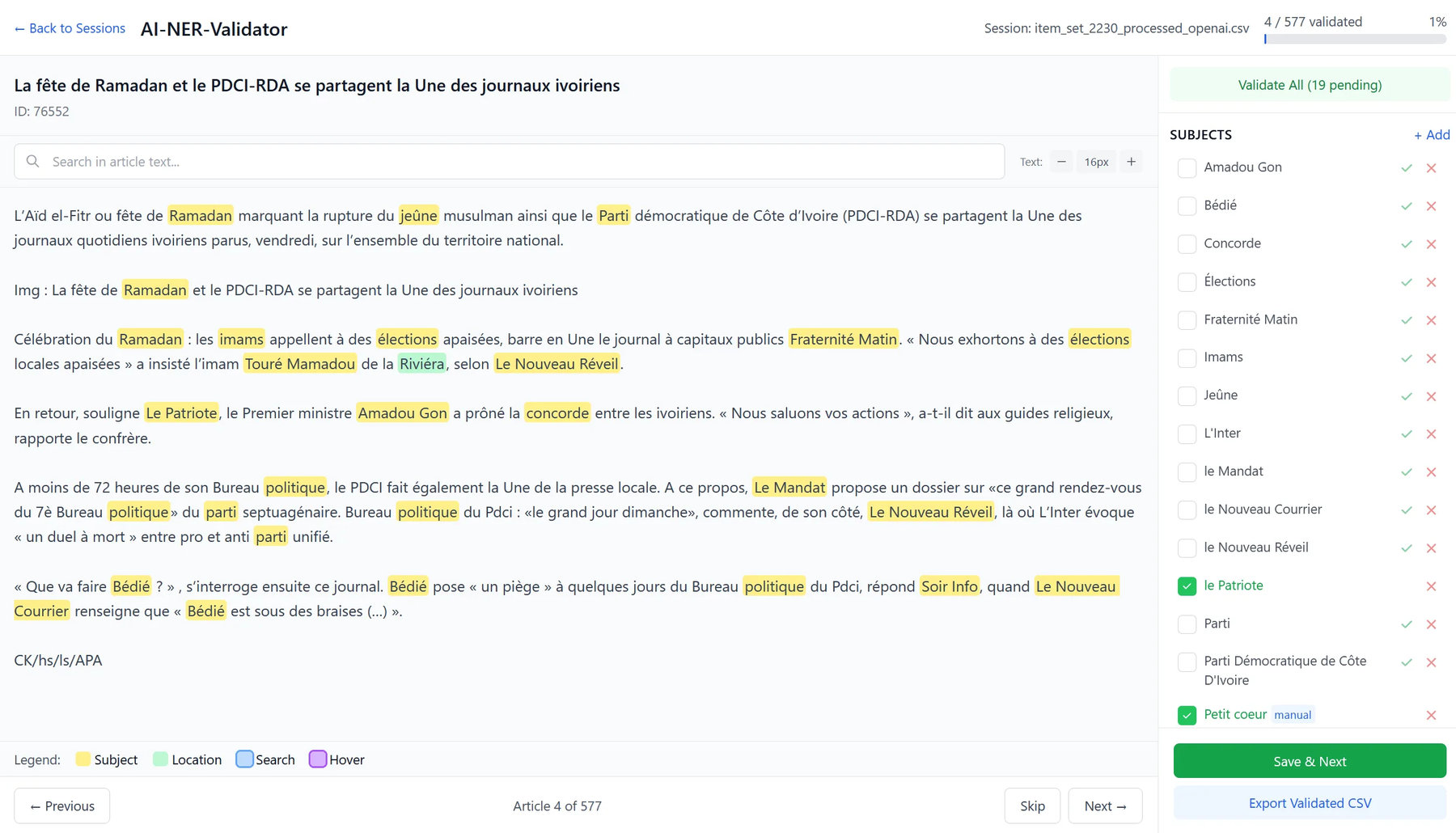 The AI-NER-Validator interface: a French newspaper text with AI-extracted people, places, and organisations colour-highlighted, and a sidebar where an expert confirms or corrects each entity before it enters the database.