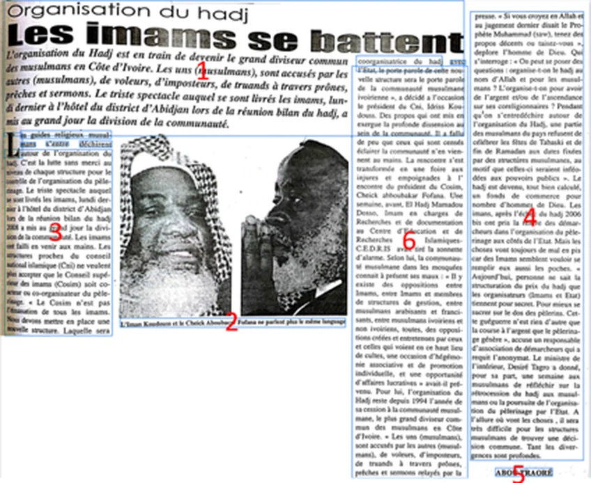A scanned francophone newspaper article, ‘Organisation du hadj — Les imams se battent’, with photographs and dense multi-column text — the kind of layout that defeats conventional OCR.