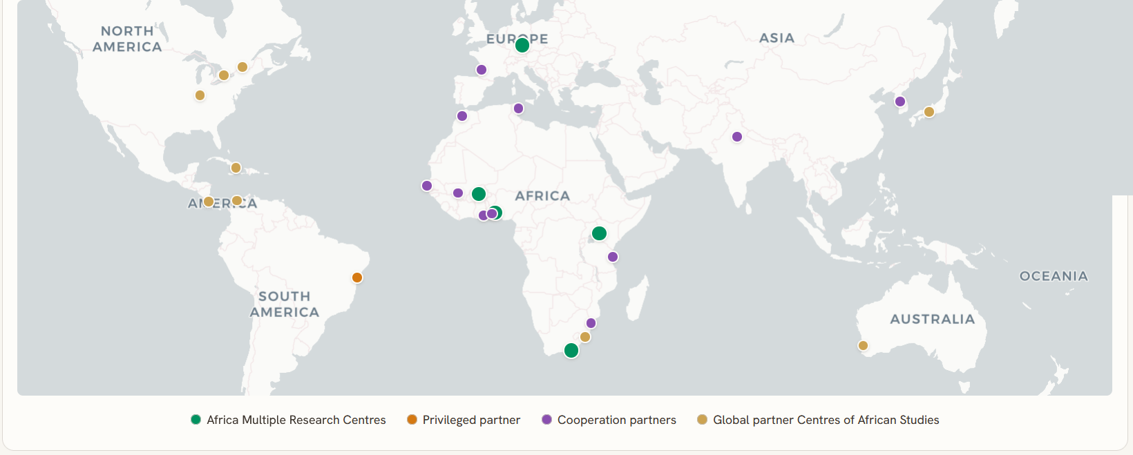 World map showing the five Africa Multiple Research Centres — Université Joseph Ki-Zerbo (Ouagadougou), University of Bayreuth, Moi University (Eldoret), University of Lagos and Rhodes University (Makhanda) — alongside a privileged partner, cooperation partners and global partner Centres of African Studies across the Americas, Europe, Asia and Australia.