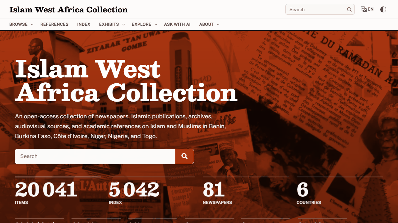Saved IWAC homepage showing the collection overview, search and navigation.