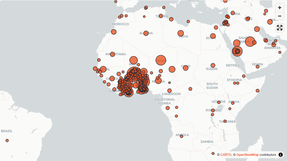 IWAC place-mention map, centred on Africa: many overlapping circles in West Africa and further mentions around the Arabian Peninsula. Larger circles indicate more mentions, not population.